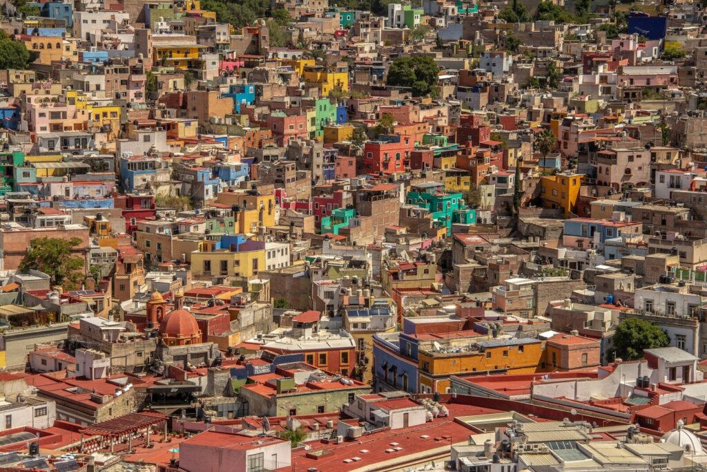 Colorful urban landscape with modern architecture and life.